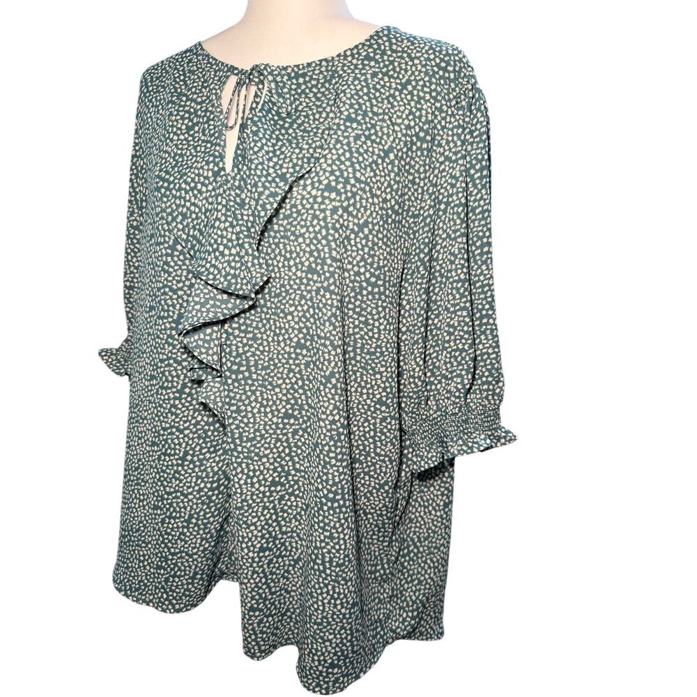 West.k Green Dot Print Ruffle Tie Neck Blouse Top, Women's Plus Size 2X, NWT